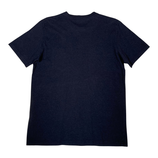 A dark navy blue short-sleeve crewneck t-shirt shown from the back, laid flat against a solid white background.