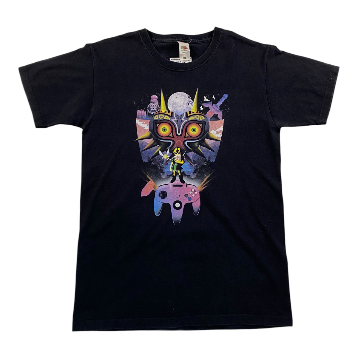Digg It Thrift & Vintage black t-shirt featuring The Legend of Zelda Majora's Mask and N64 controller graphic