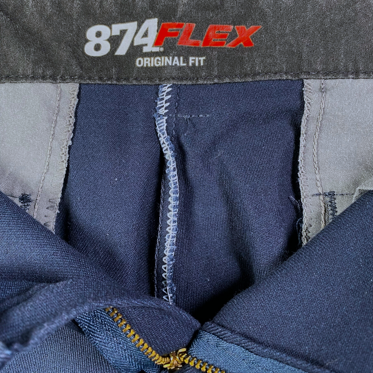 Digg It Thrift & Vintage Dickies 874 Flex navy blue work pants with interior waistband branding and metal zipper