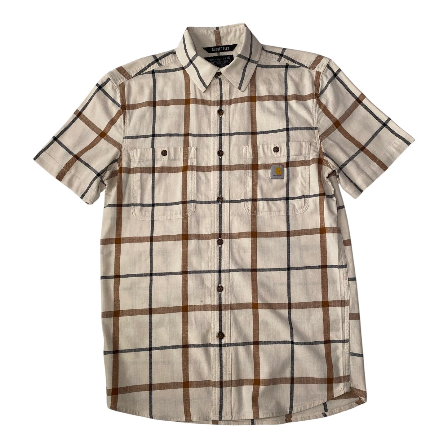 Carhartt Rugged Flex Cream, Blue, & Brown Plaid Pattern Shirt