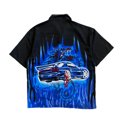 Vintage Blue Dragon Graphic Button-Up T-Shirt