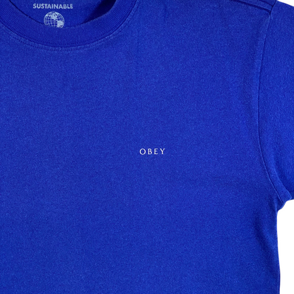 Digg It Thrift & Vintage royal blue Obey sustainable t-shirt with a small minimalist white logo on the chest