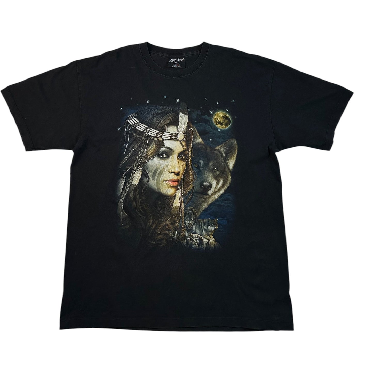 A black short-sleeve graphic t-shirt featuring a detailed print of a woman with braided hair and a wolf under a full moon.
