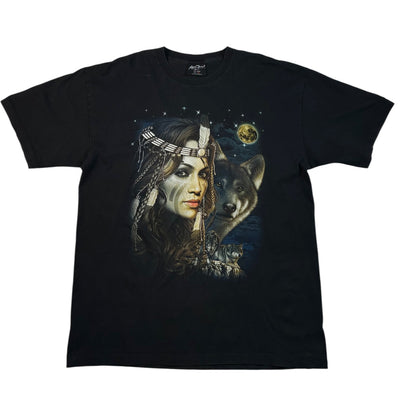 A black short-sleeve graphic t-shirt featuring a detailed print of a woman with braided hair and a wolf under a full moon.