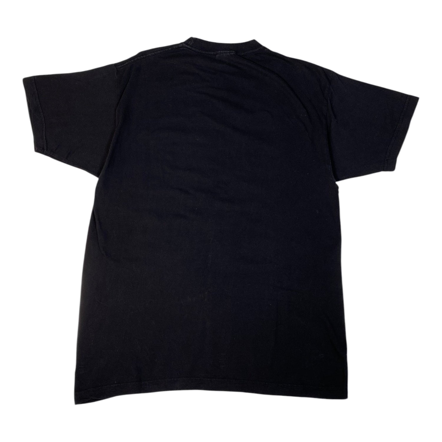 A black short-sleeve crewneck t-shirt shown from the back, laid flat against a solid white background.