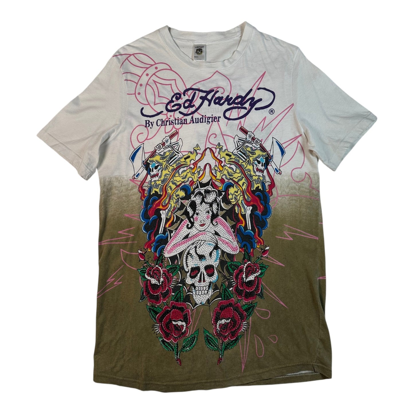 Ed Hardy graphic t-shirt featuring a white-to-brown gradient design with a colorful tattoo-style illustration of a skull, roses, and a woman's face, with the Ed Hardy brand logo printed above.
