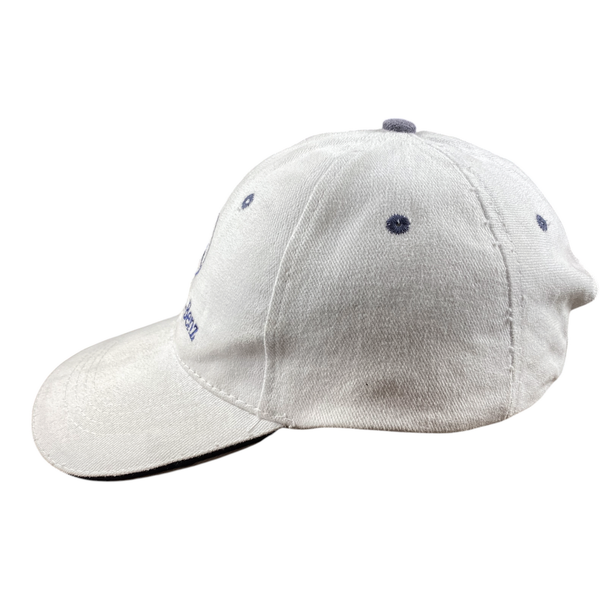 Digg It Thrift & Vintage white Mercedes-Benz baseball cap with blue embroidered logo and side profile view