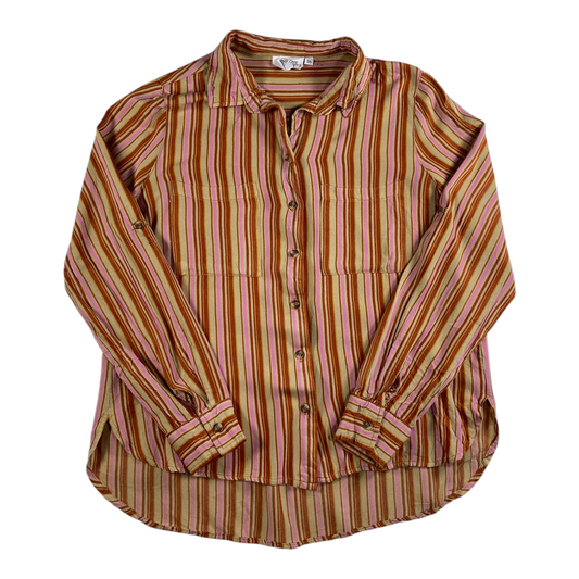 Digg It Thrift & Vintage multi-tone vertical stripe long-sleeve button-up shirt with a curved hem