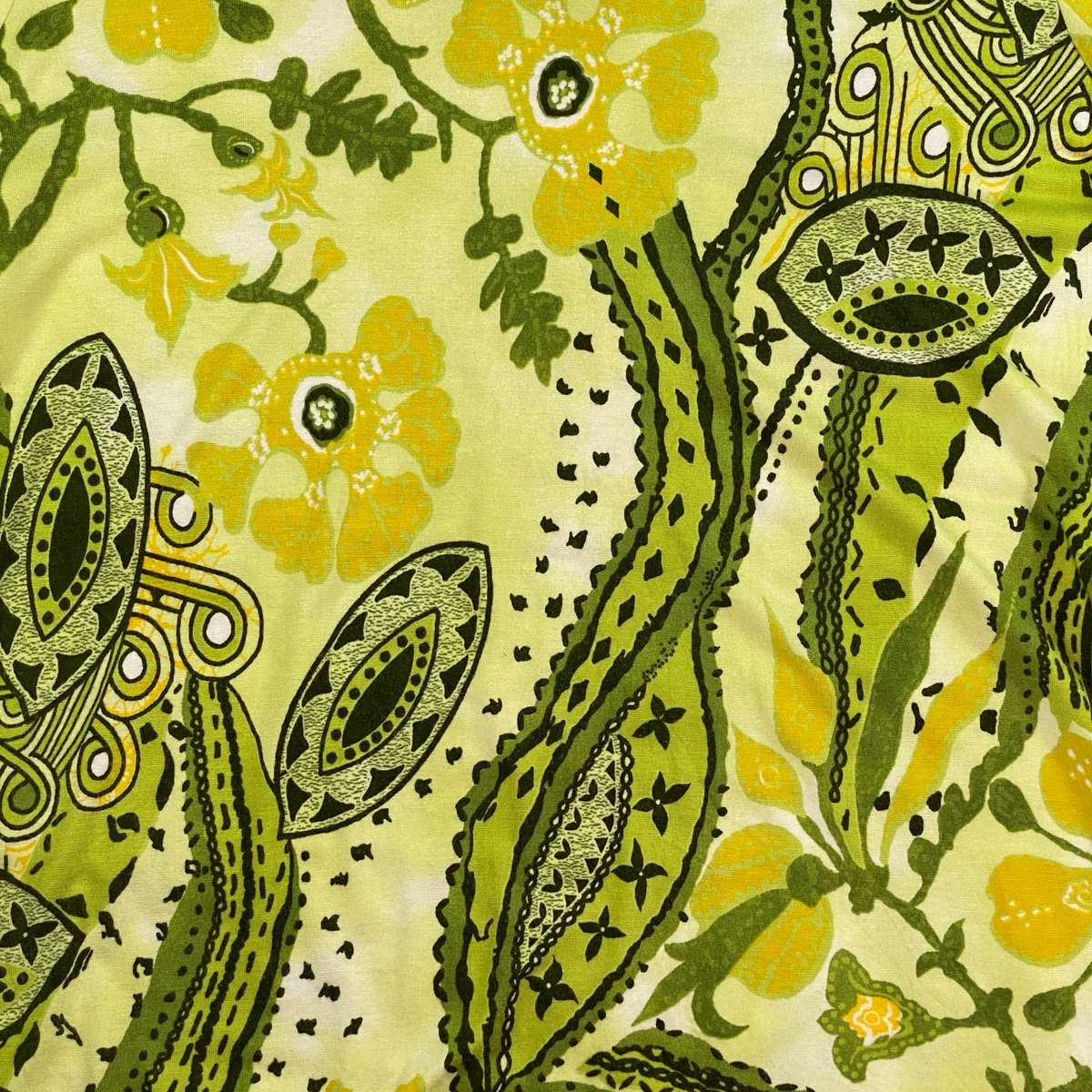 Digg It Thrift & Vintage olive and yellow floral paisley patterned fabric top with a vintage-inspired design.