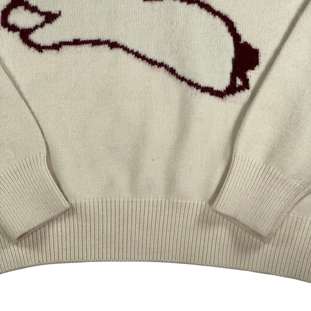 Digg It Thrift & Vintage cream knit sweater featuring a dark red intarsia jumping rabbit design with ribbed cuffs.