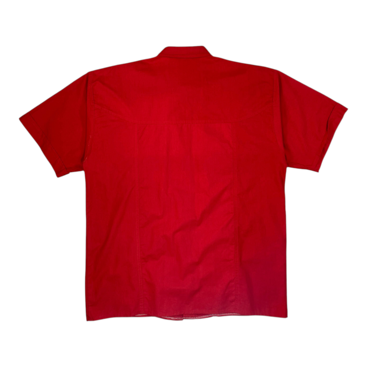 Back view of a red Chemise Lacoste short sleeve safari utility shirt from Digg It Thrift & Vintage