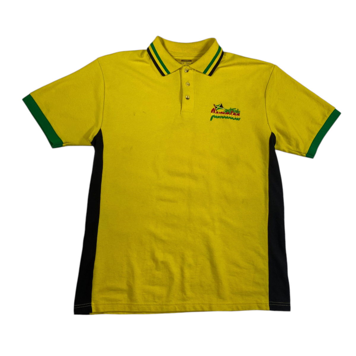 Digg It Thrift & Vintage yellow polo shirt with Jamaica embroidery, green striped collar, and black side panels.