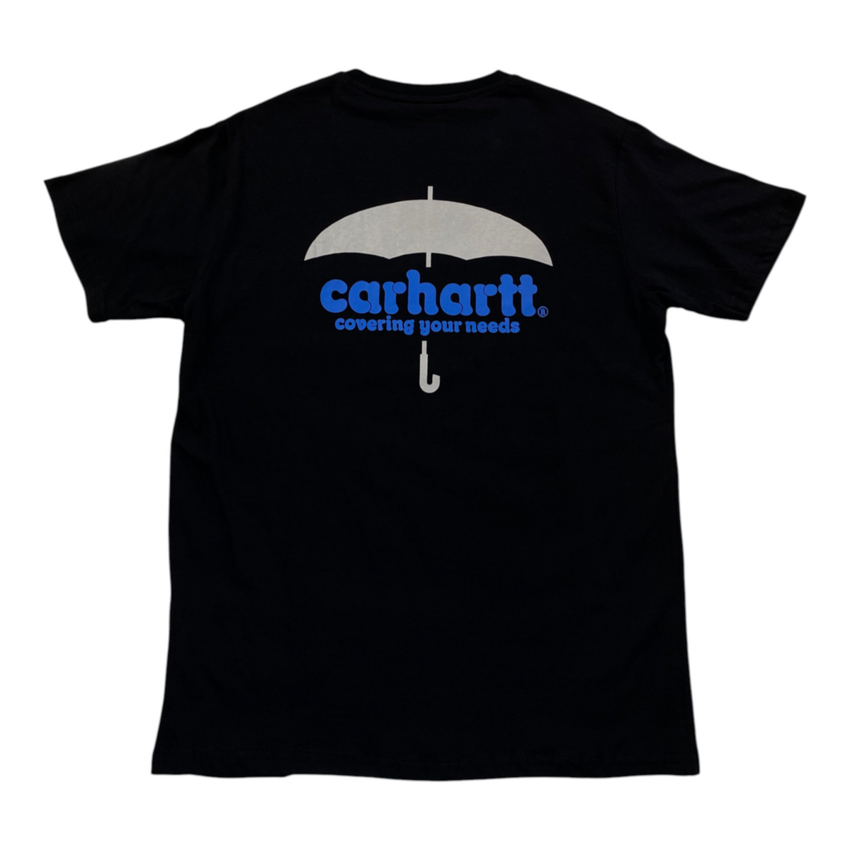 Digg It Thrift & Vintage black Carhartt t-shirt featuring a white umbrella graphic and blue covering your needs text