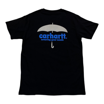 Digg It Thrift & Vintage black Carhartt t-shirt featuring a white umbrella graphic and blue covering your needs text