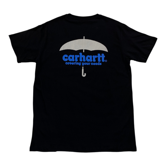 Digg It Thrift & Vintage black Carhartt t-shirt featuring a white umbrella graphic and blue covering your needs text