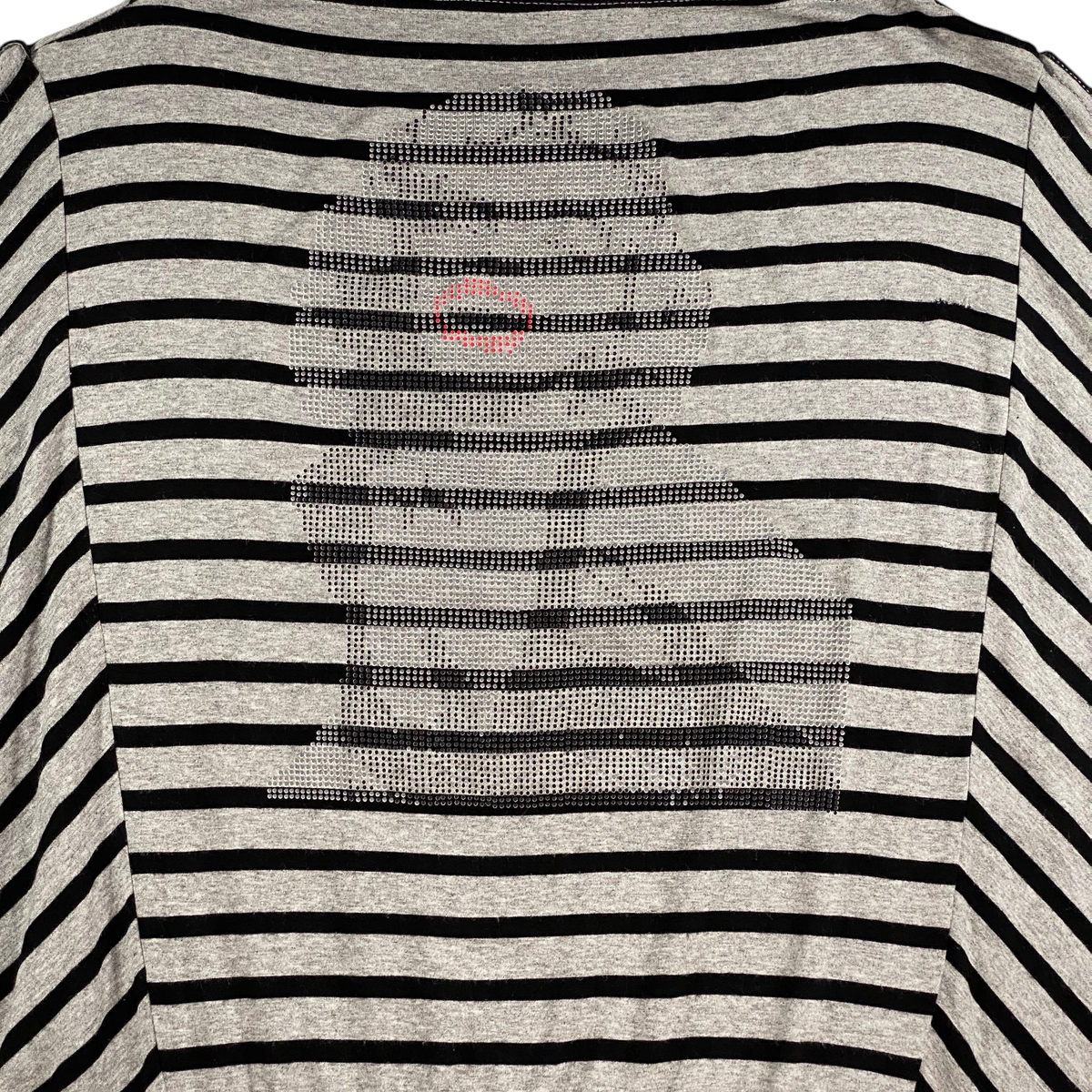 Digg It Thrift & Vintage batwing top featuring a grey and black striped pattern with a Marilyn Monroe rhinestone graphic
