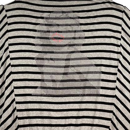 Digg It Thrift & Vintage batwing top featuring a grey and black striped pattern with a Marilyn Monroe rhinestone graphic