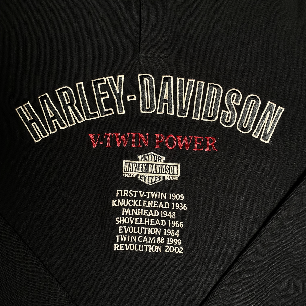 Digg It Thrift & Vintage black Harley-Davidson V-Twin Power long sleeve sweatshirt with embroidered engine history