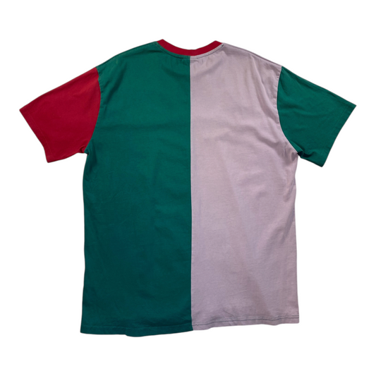 Back view of a Digg It Thrift & Vintage Karl Kani colorblock t-shirt in red, green, and light purple cotton.