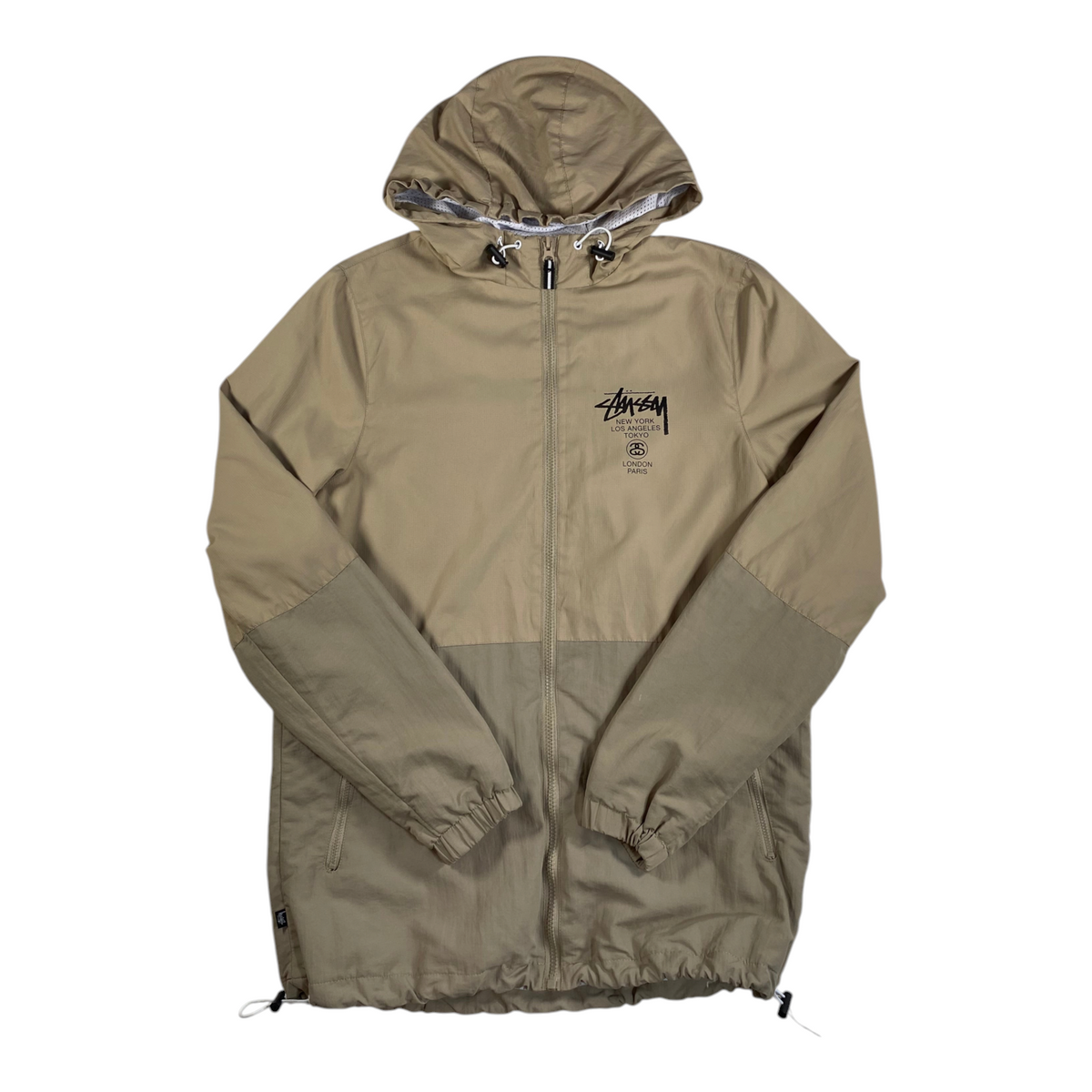 Digg It Thrift & Vintage Stüssy World Tour two-tone tan lightweight hooded windbreaker jacket with zip closure