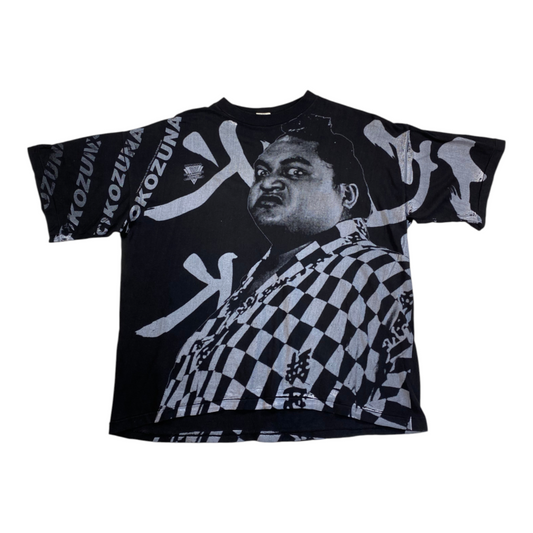 Digg It Thrift & Vintage black vintage WWF Yokozuna all-over graphic t-shirt with checkered pattern