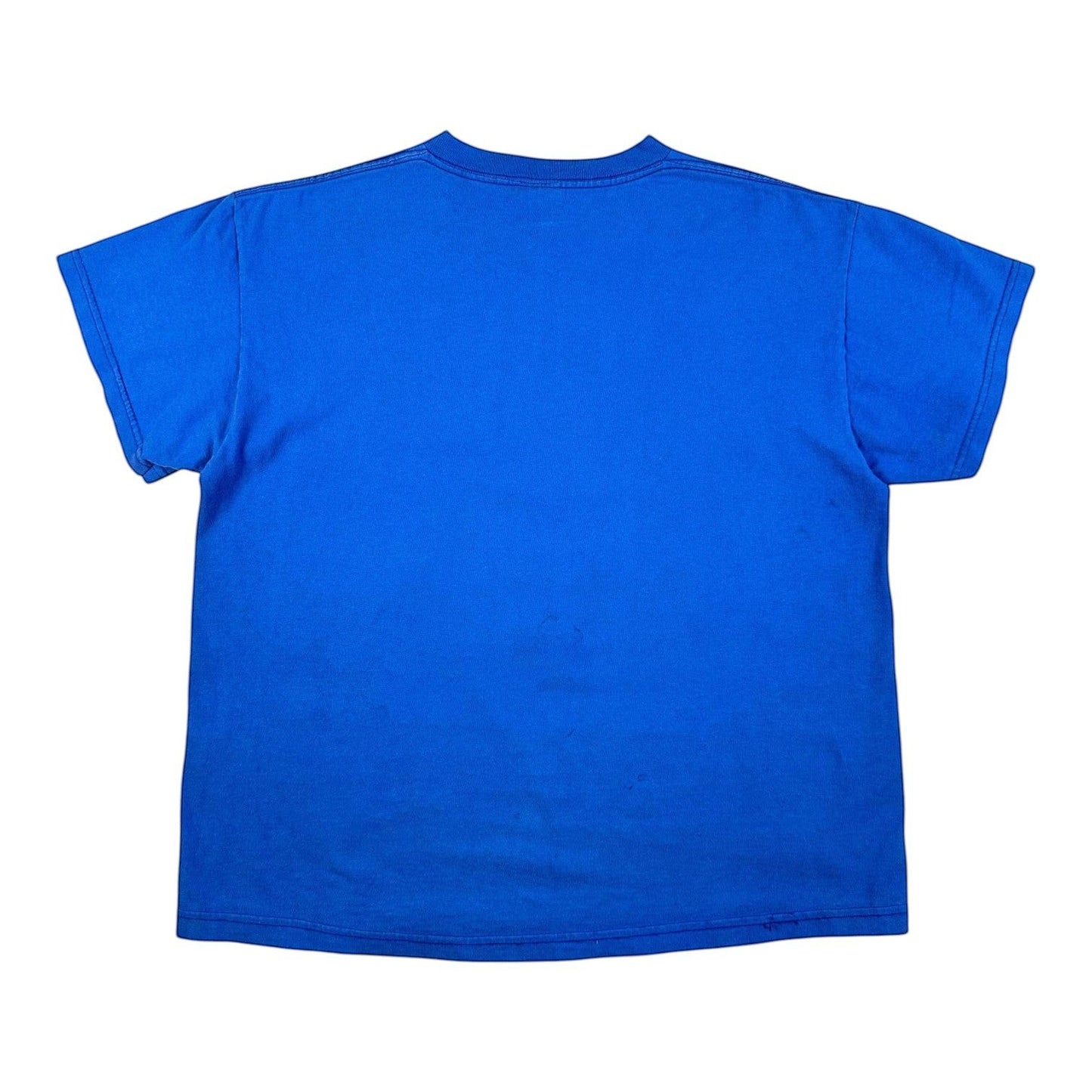 A bright blue short-sleeve crewneck t-shirt shown from the back, laid flat against a solid white background.