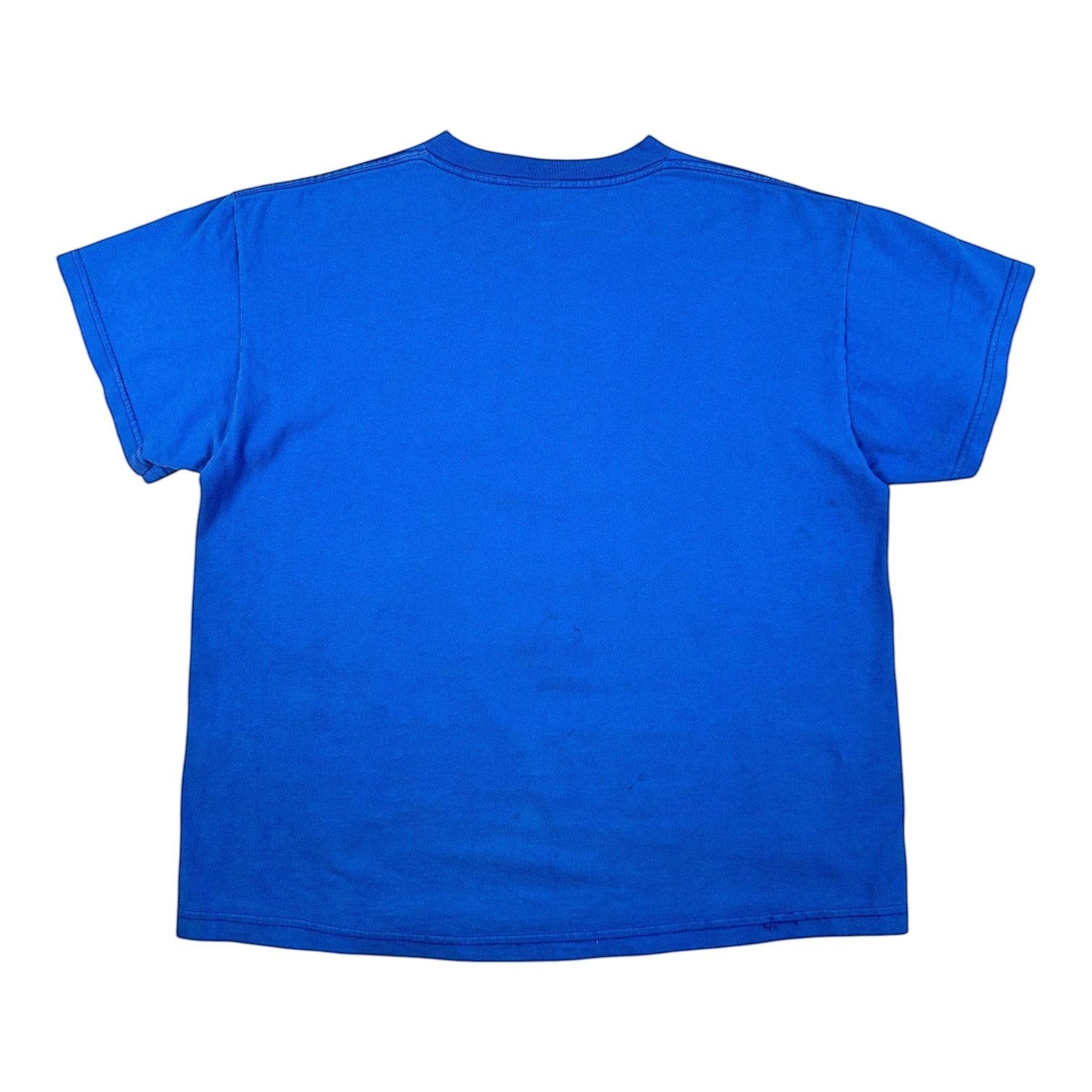 A bright blue short-sleeve crewneck t-shirt shown from the back, laid flat against a solid white background.