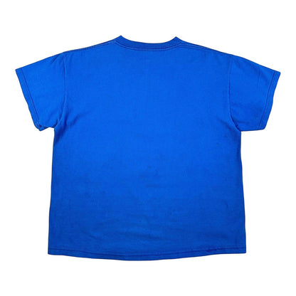 A bright blue short-sleeve crewneck t-shirt shown from the back, laid flat against a solid white background.