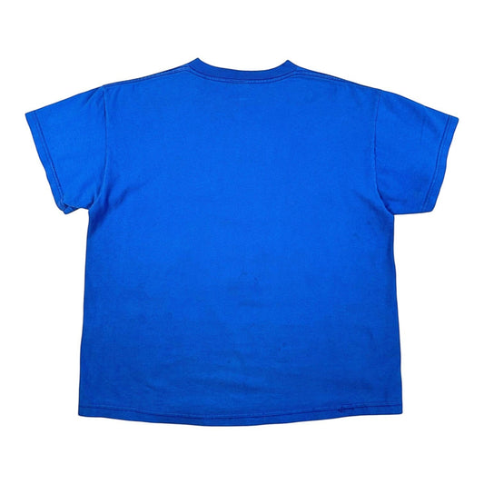 A bright blue short-sleeve crewneck t-shirt shown from the back, laid flat against a solid white background.