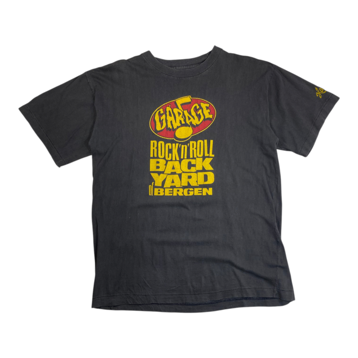 Digg It Thrift & Vintage faded black graphic t-shirt with yellow and red Garage Rock'N'Roll Bergen print