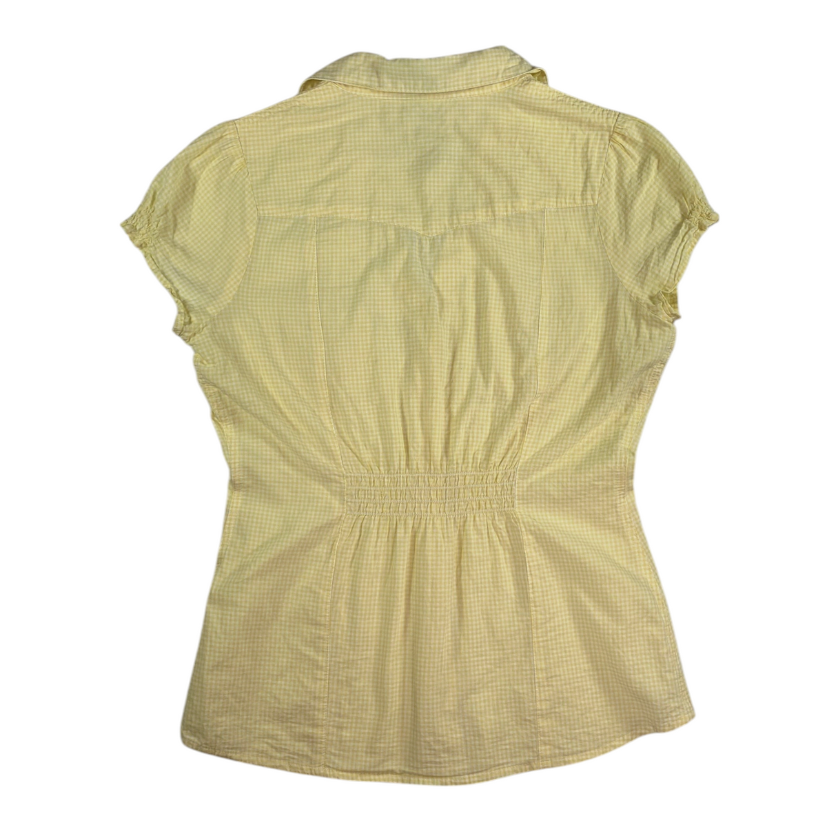 Back view of a Digg It Thrift & Vintage yellow gingham western shirt with short sleeves and a cinched back detail.