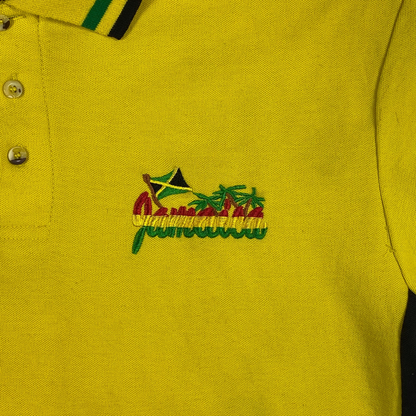 Digg It Thrift & Vintage yellow polo shirt with Jamaica embroidery, featuring a striped collar and button placket.
