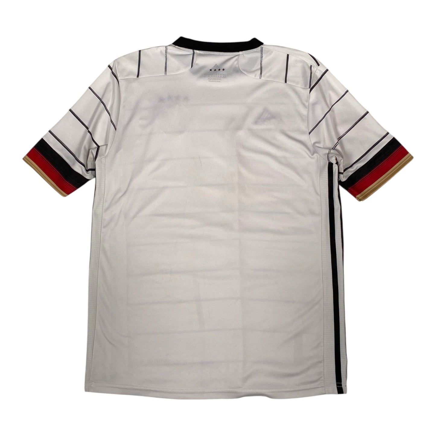 A white short-sleeve sports jersey with thin black stripes on the shoulders and sleeves, featuring a black collar and sleeve cuffs with red, black, and gold stripes, shown flat against a white background.