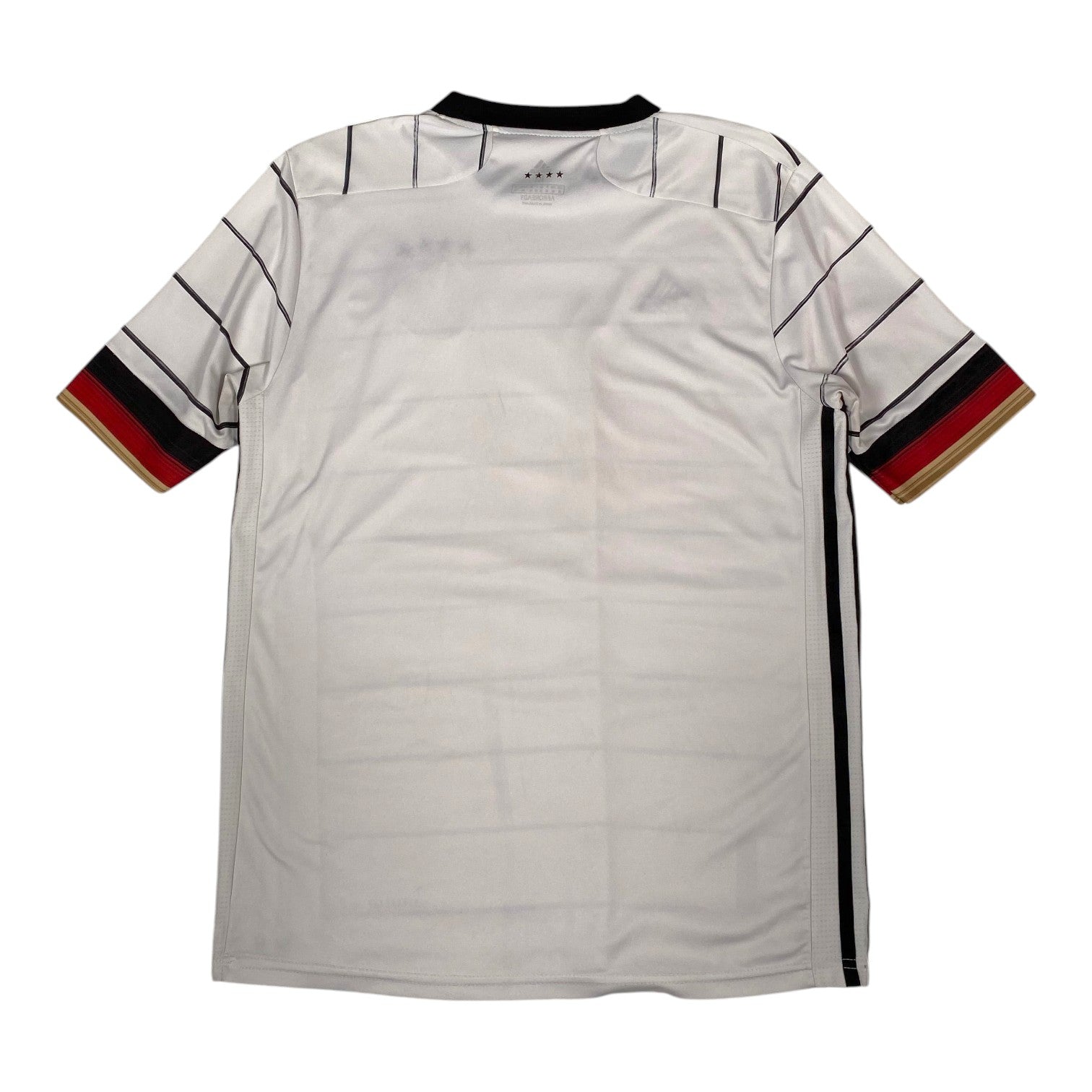 A white short-sleeve sports jersey with thin black stripes on the shoulders and sleeves, featuring a black collar and sleeve cuffs with red, black, and gold stripes, shown flat against a white background.