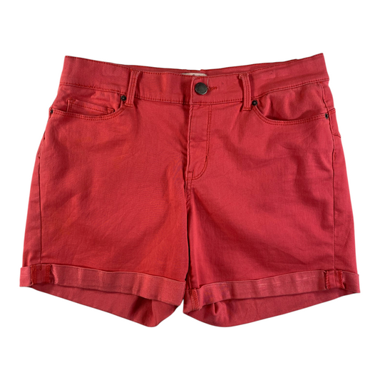 Digg It Thrift & Vintage coral red Juicy Couture denim shorts with cuffed hems and a button fly closure