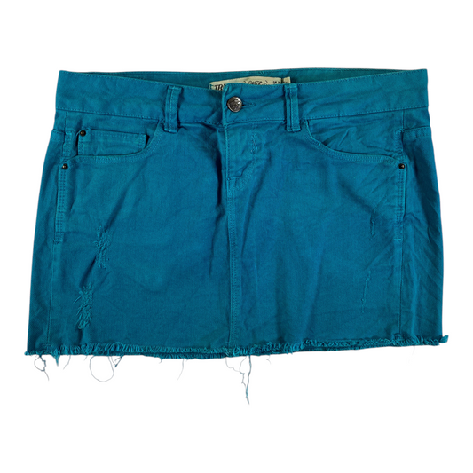 Digg It Thrift & Vintage teal denim mini skirt with raw hem and distressed detailing in a Y2K style.