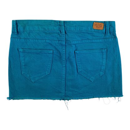 Digg It Thrift & Vintage teal denim mini skirt with a raw frayed hem and distressed detailing