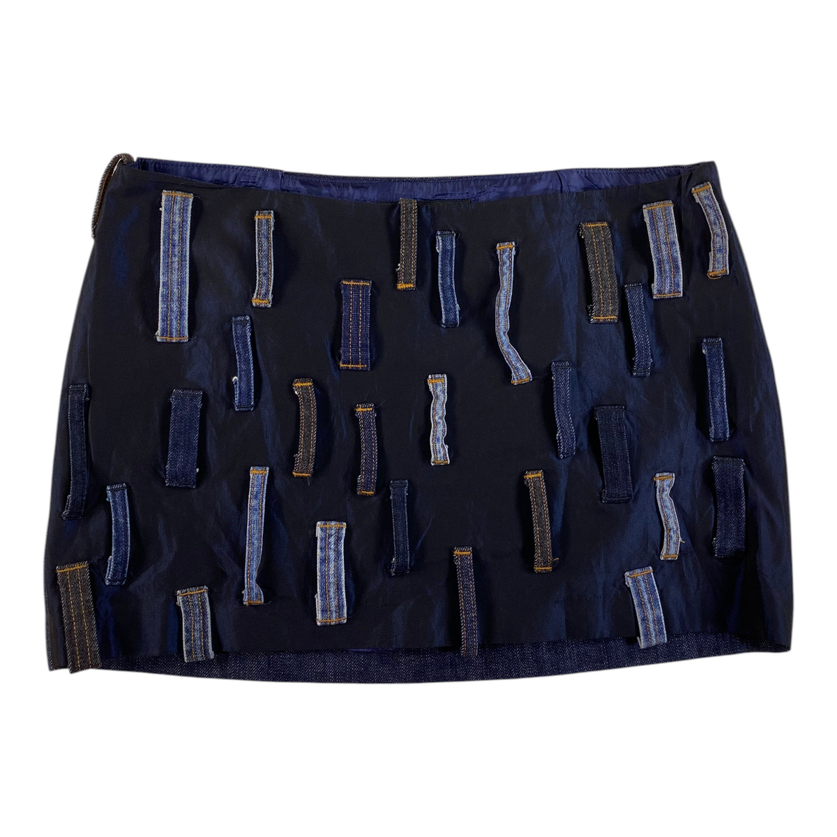 Digg It Thrift & Vintage Miss Sixty dark denim mini skirt featuring a unique patchwork design of vertical belt loops.