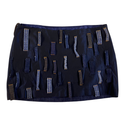 Digg It Thrift & Vintage Miss Sixty dark denim mini skirt featuring a unique patchwork design of vertical belt loops.