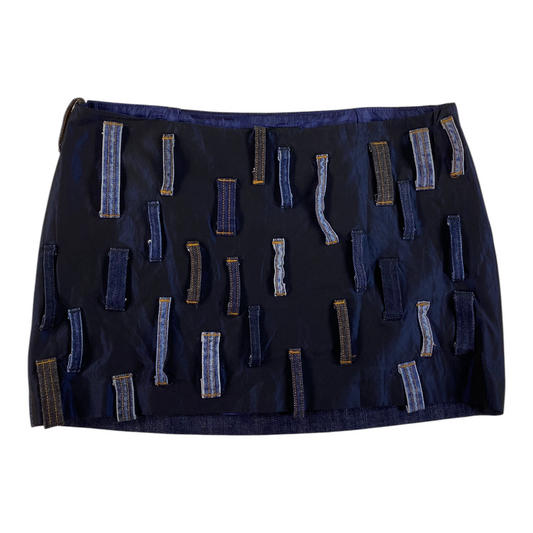 Digg It Thrift & Vintage Miss Sixty dark denim mini skirt featuring a unique patchwork design of vertical belt loops.