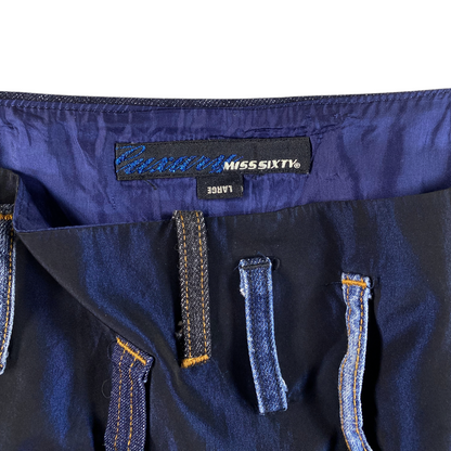 Digg It Thrift & Vintage Miss Sixty denim mini skirt label with blue patchwork fabric and belt loops