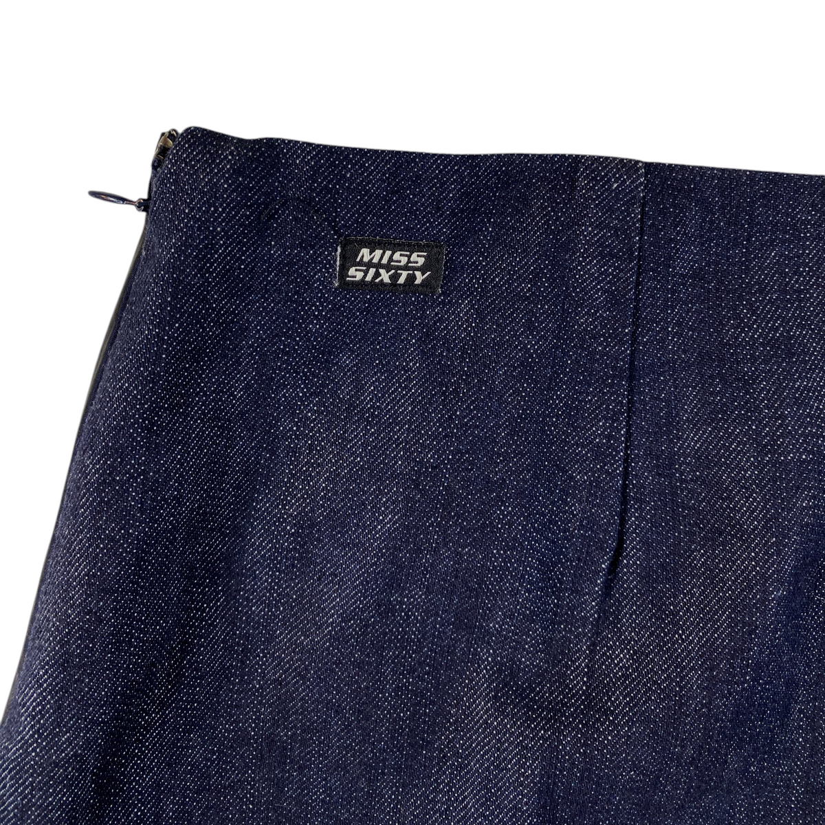 Digg It Thrift & Vintage Miss Sixty dark wash denim mini skirt with side zipper and branded patch