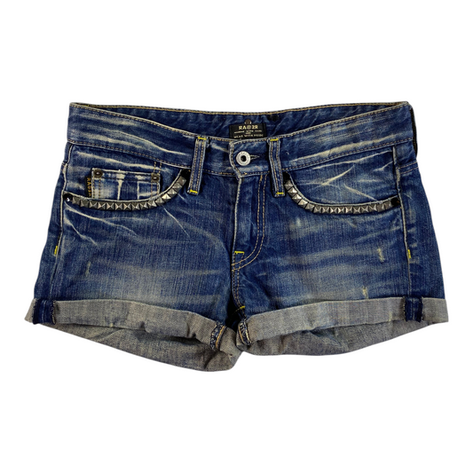 Digg It Thrift & Vintage Raser low-rise blue denim shorts with silver pyramid studs and cuffed hems