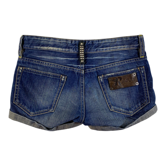 Digg It Thrift & Vintage Raser low-rise denim shorts with studded details and cuffed hems in a size large fit.