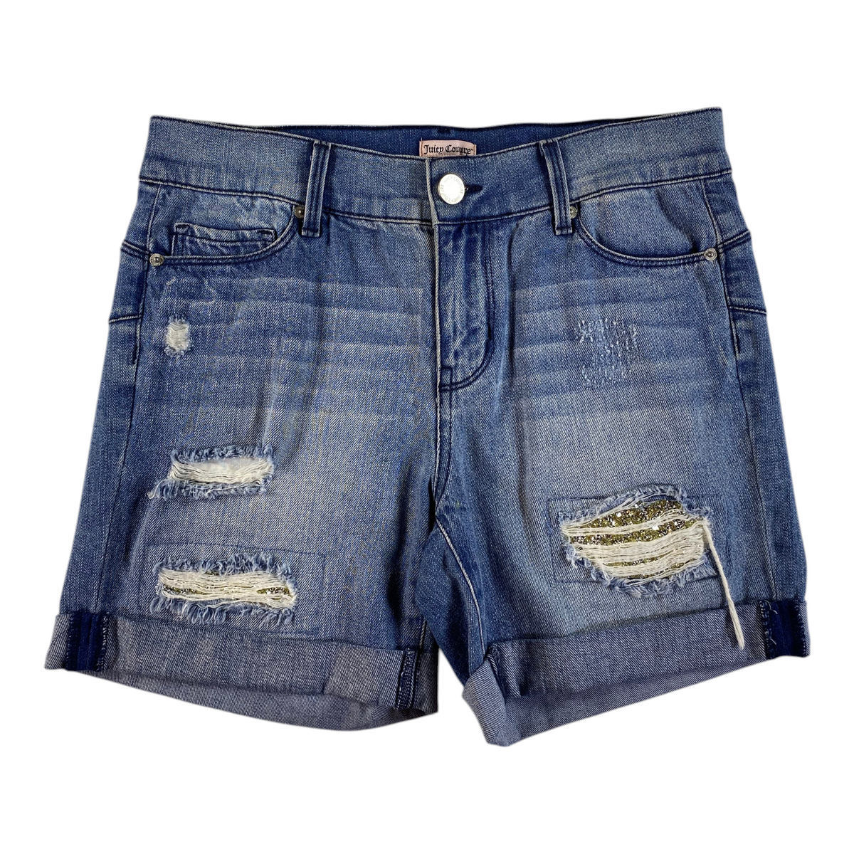 Digg It Thrift & Vintage Juicy Couture denim shorts in medium blue with distressed details and sequined patches.