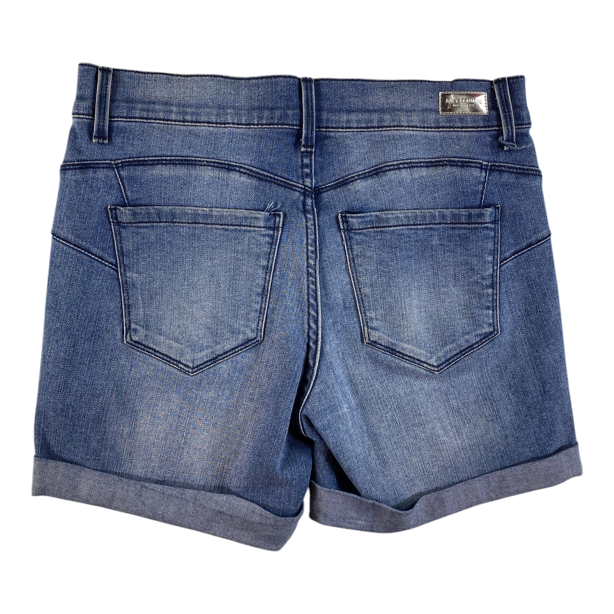 Digg It Thrift & Vintage Juicy Couture denim shorts in medium blue wash with back pockets and rolled cuffs