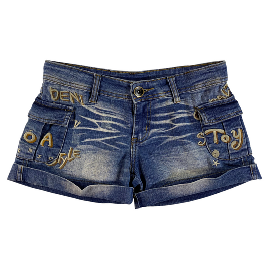 Digg It Thrift & Vintage Cardinni Pro-3 low rise denim cargo shorts with embroidered lettering and whiskered wash