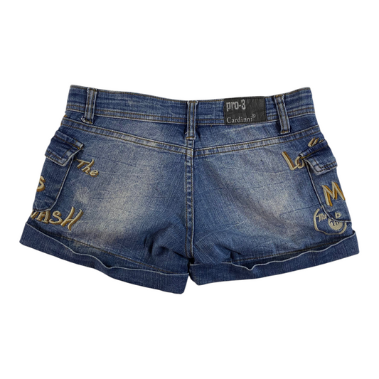 Digg It Thrift & Vintage Cardinni Pro-3 low rise denim cargo shorts with embroidered lettering and cuffed hems
