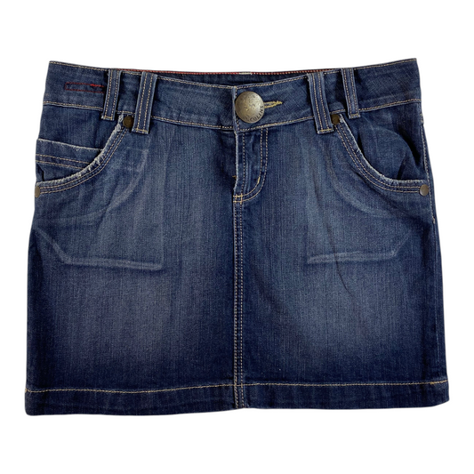 Digg It Thrift & Vintage dark wash denim mini skirt with red stitching and branded Colin's button, size Large