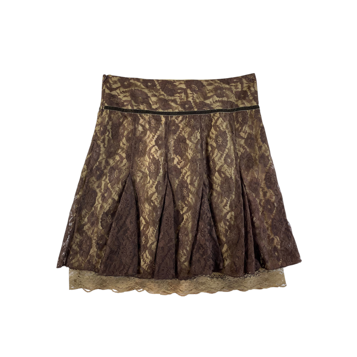Digg It Thrift & Vintage brown floral lace pleated mini skirt with tiered hem and side zipper closure